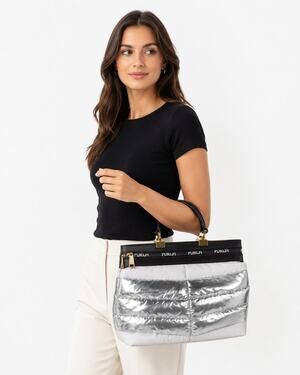 Furla Metallic Silver Puffer Nylon Tote Bag Black Leather Trim